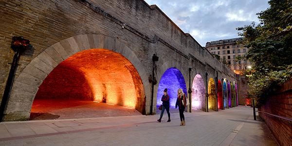Dynamic lighting brightens up St Blaise Square creating a welcoming passage for shoppers and commuters